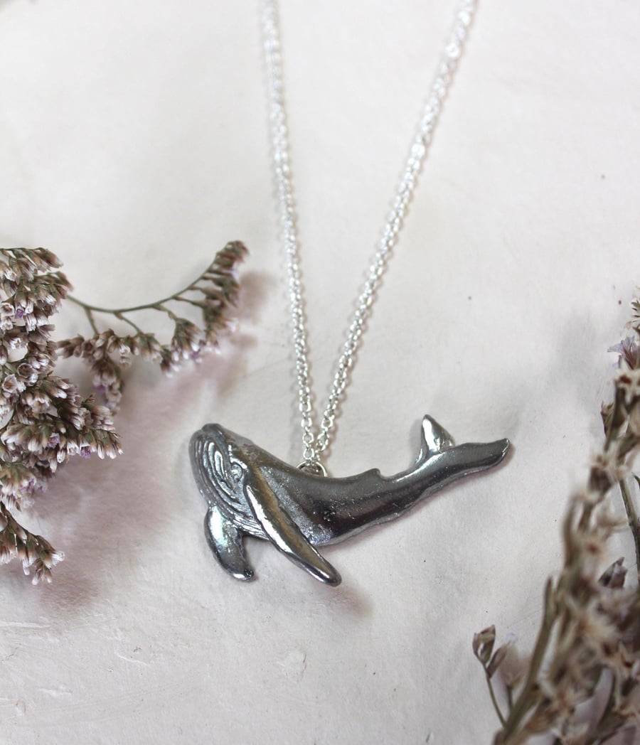 Handmade Humpback Whale Necklace: Recycled Pewter, 18 inch Chain, Ocean Sculptur