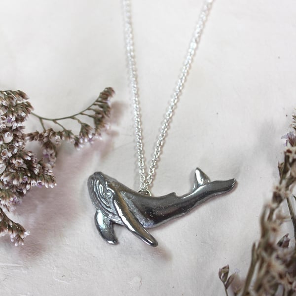 Handmade Humpback Whale Necklace: Recycled Pewter, 18 inch Chain, Ocean Sculptur