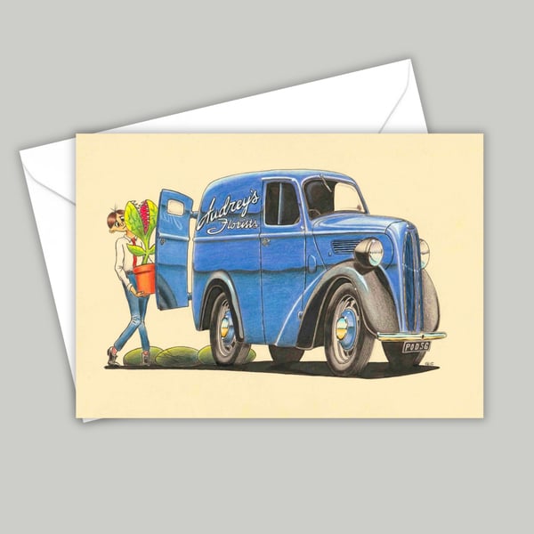 Mid Century Florist Van Illustration Printed as an All Occasion Greetings Card