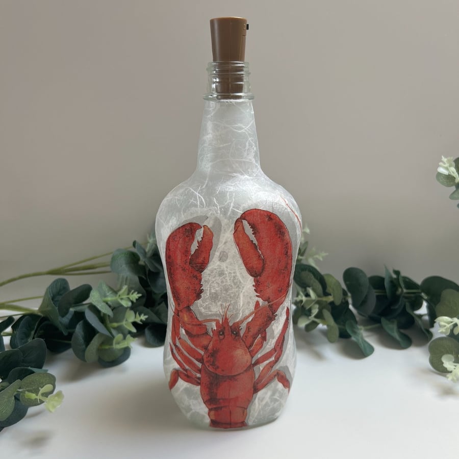 Decoupage Bottle Light Lobster, Coastal Home Decor