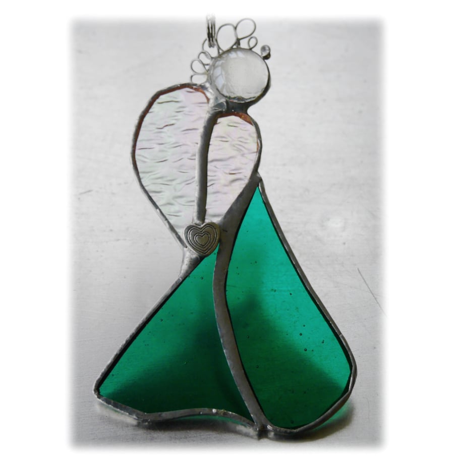 Angel Suncatcher Stained Glass Heart Emerald Green Christmas 013