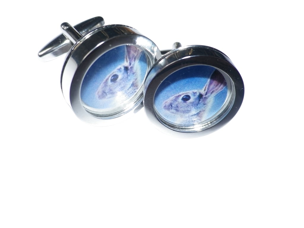 Blue Hare cufflinks, free shipping, gift wrapped, lovely image,  Ref 0792