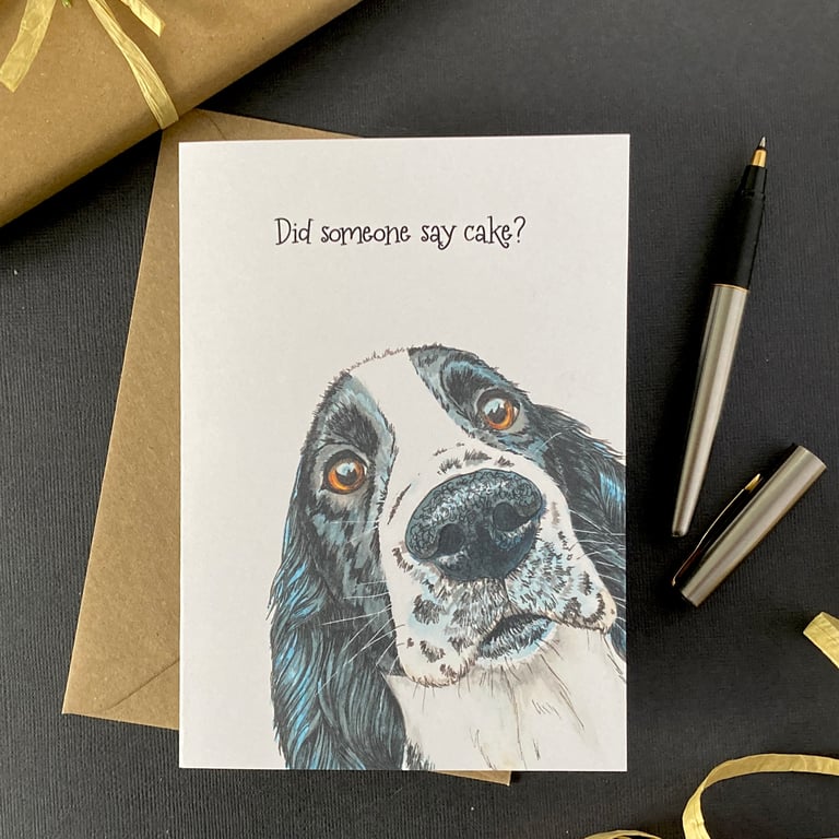 Working cocker spaniel Birthday Card. Black white spaniel dog personalised card.