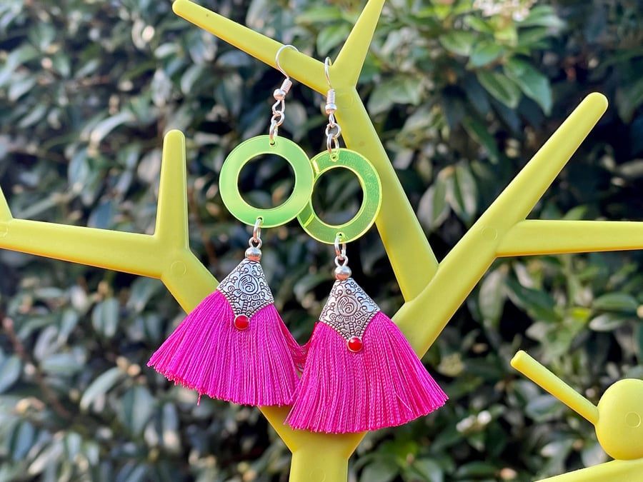 HOT PINK TASSEL EARRINGS HOOPED mirror neon statement silver plated