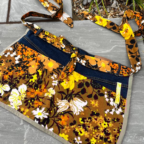 Garden apron vintage floral fabric and denim with pockets
