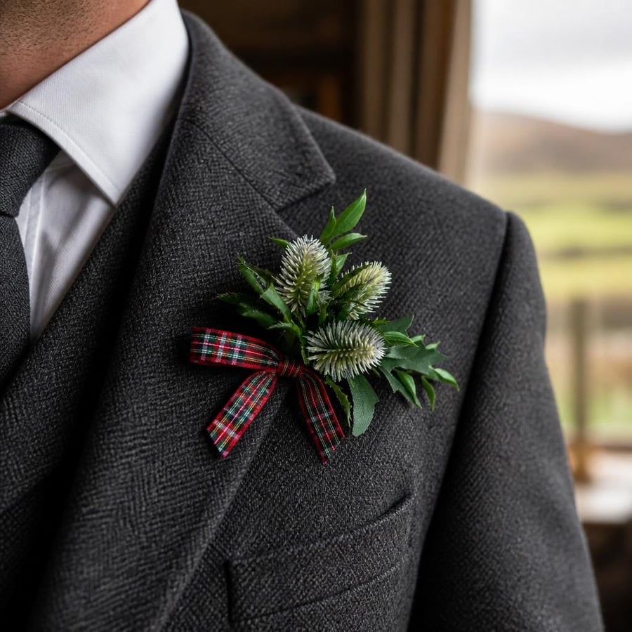 Scottish Thistle and Tartan Buttonhole - Artificial Wedding Boutonniere