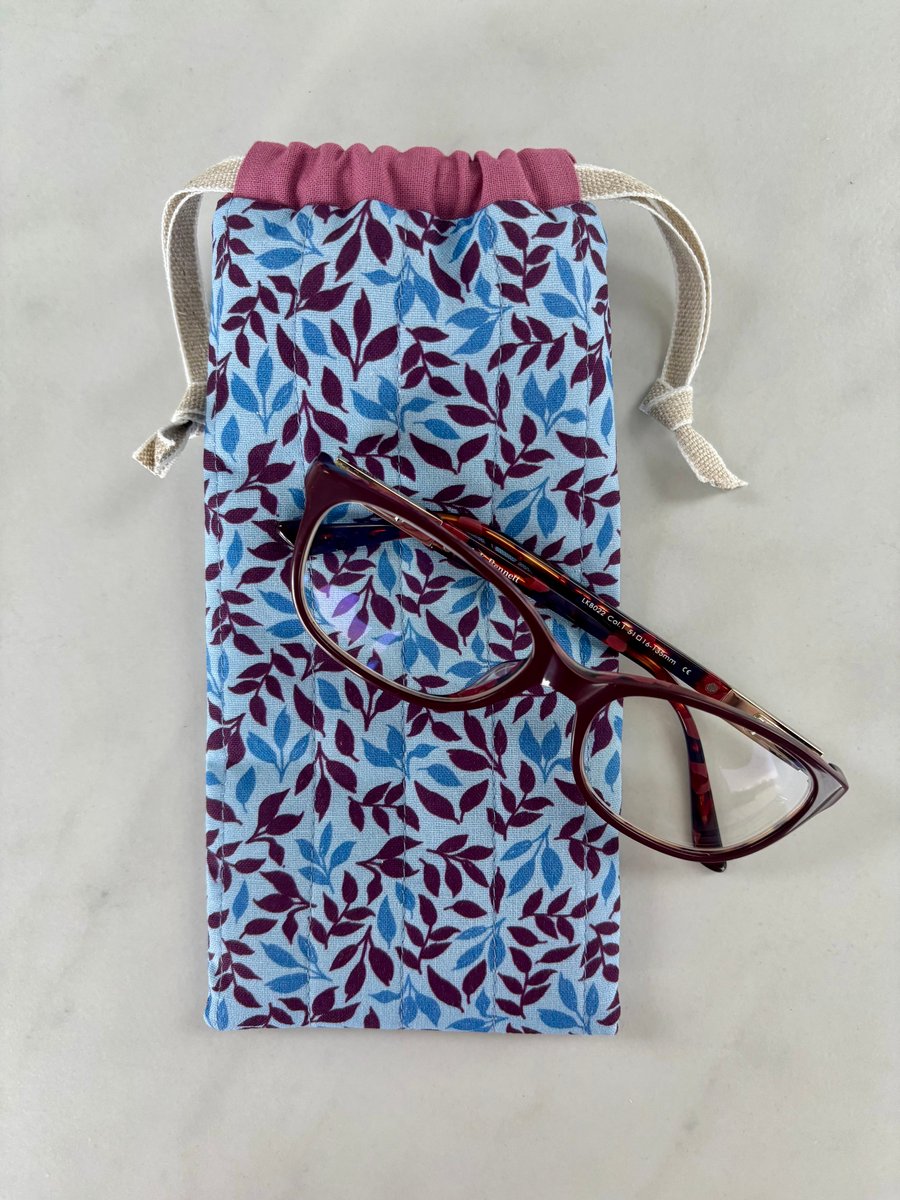 Glasses case, sunglasses pouch, padded, with drawstring,  in blue floral cotton