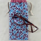 Glasses case, sunglasses pouch, padded, with drawstring,  in blue floral cotton
