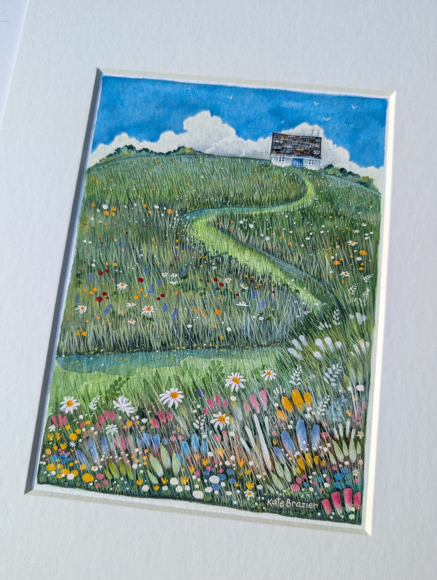 Daisy Hill Cottage - Mixed media. Colourful. Unique. Meadow. Mounted