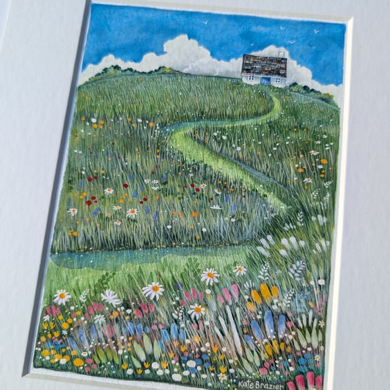 Daisy Hill Cottage - Mixed media. Colourful. Unique. Meadow. Mounted