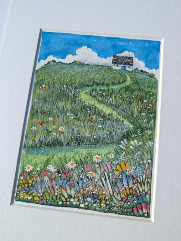 Daisy Hill Cottage - Mixed media. Colourful. Unique. Meadow. Mounted