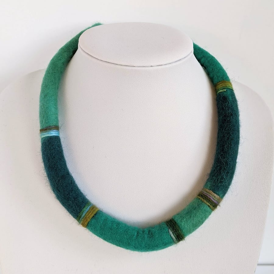 Felted cord necklace - bright greens