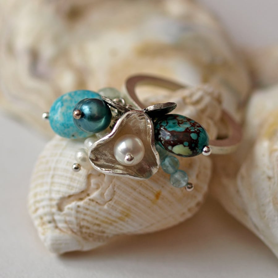 By the Sea Ring - with charms - handmade sterling silver - semi-precious gems