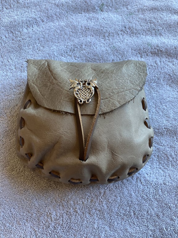 Earthy Brown Coloured Leather Medieval Style Pouch - Celtic Dragon closure