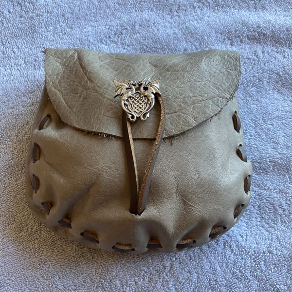 Earthy Brown Coloured Leather Medieval Style Pouch - Celtic Dragon closure