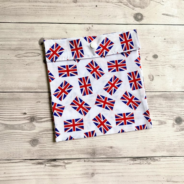 Union Jack themed fabric gift bags with snap closure. Reusable present wrap.
