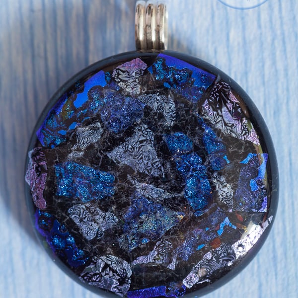 Beautiful fused grass dichroic round pendant blues purples sparkly
