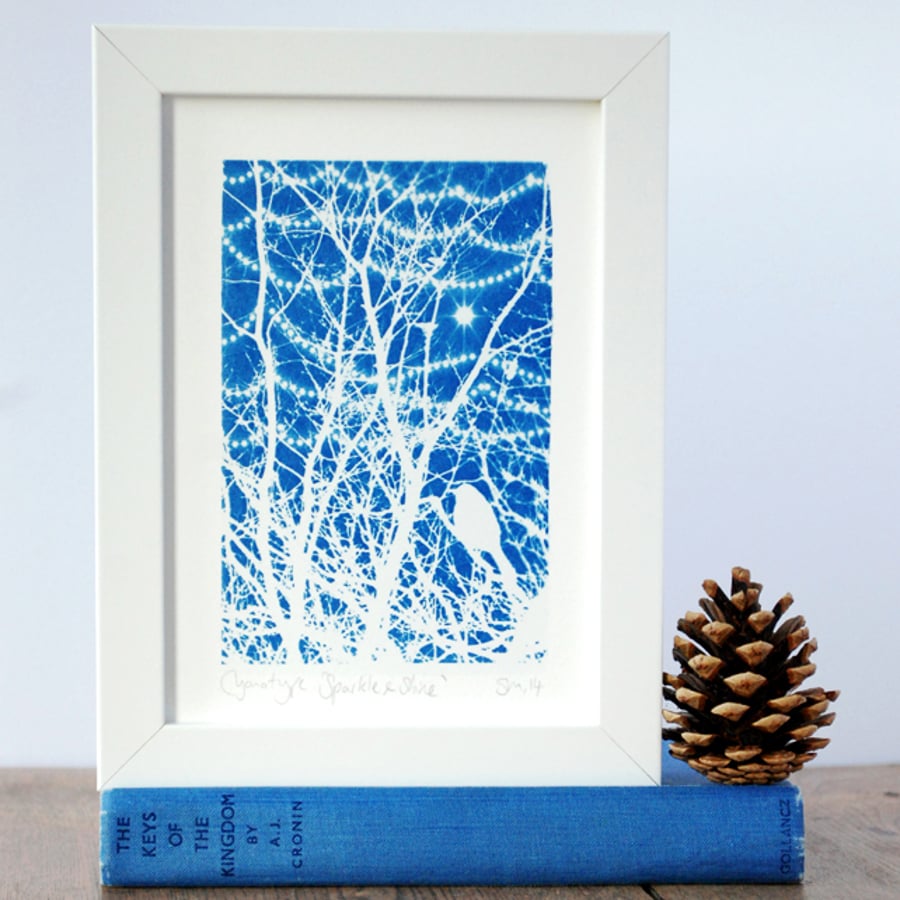 Bird in Winter branches with fairy lights, Original Cyanotype