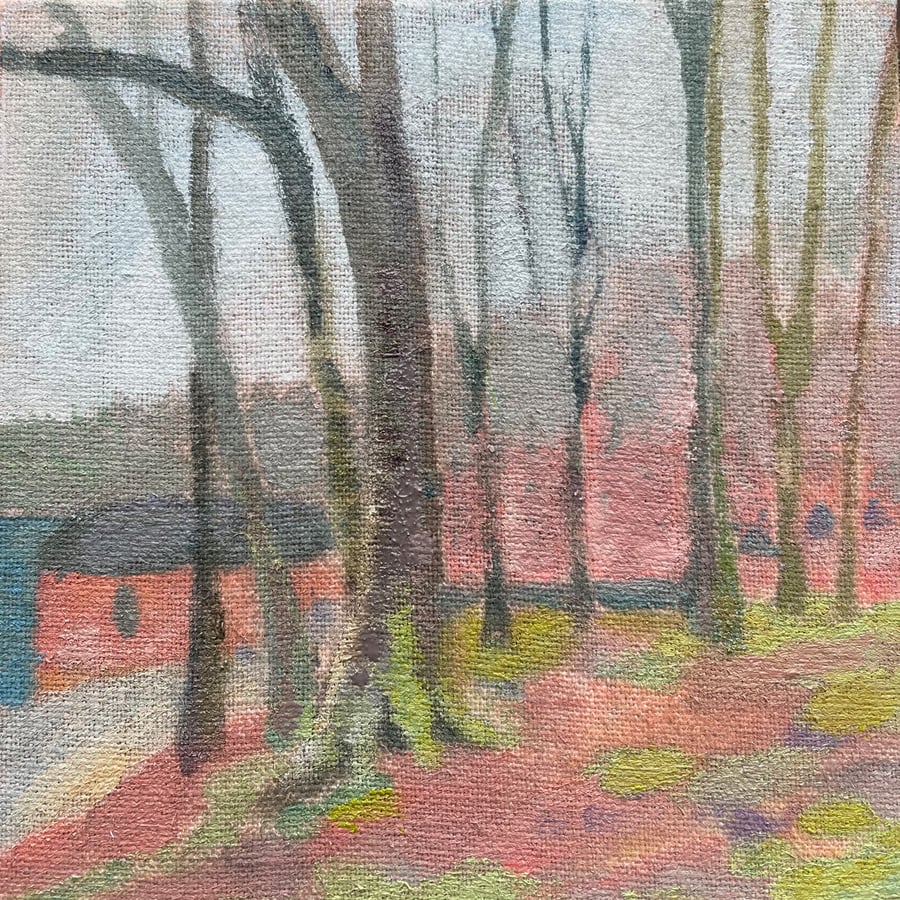 Small Framed Oil Painting on Linen, Talkin Tarn, Cumbria, Trees by Boat House