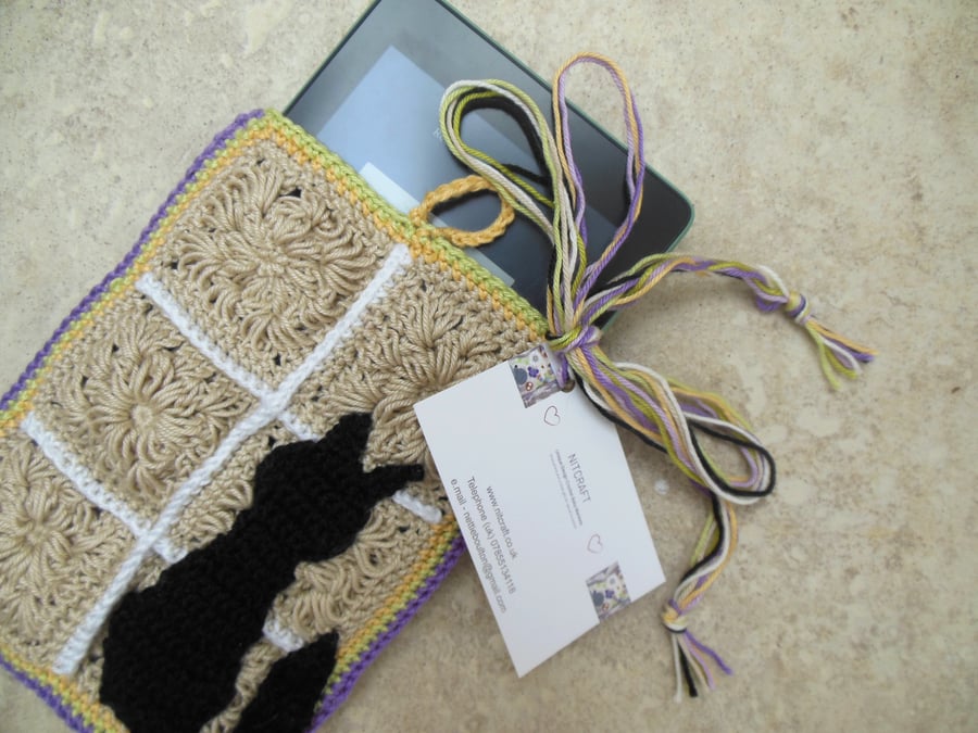 Kindle Sleeve With A Crochet Black Cat Design