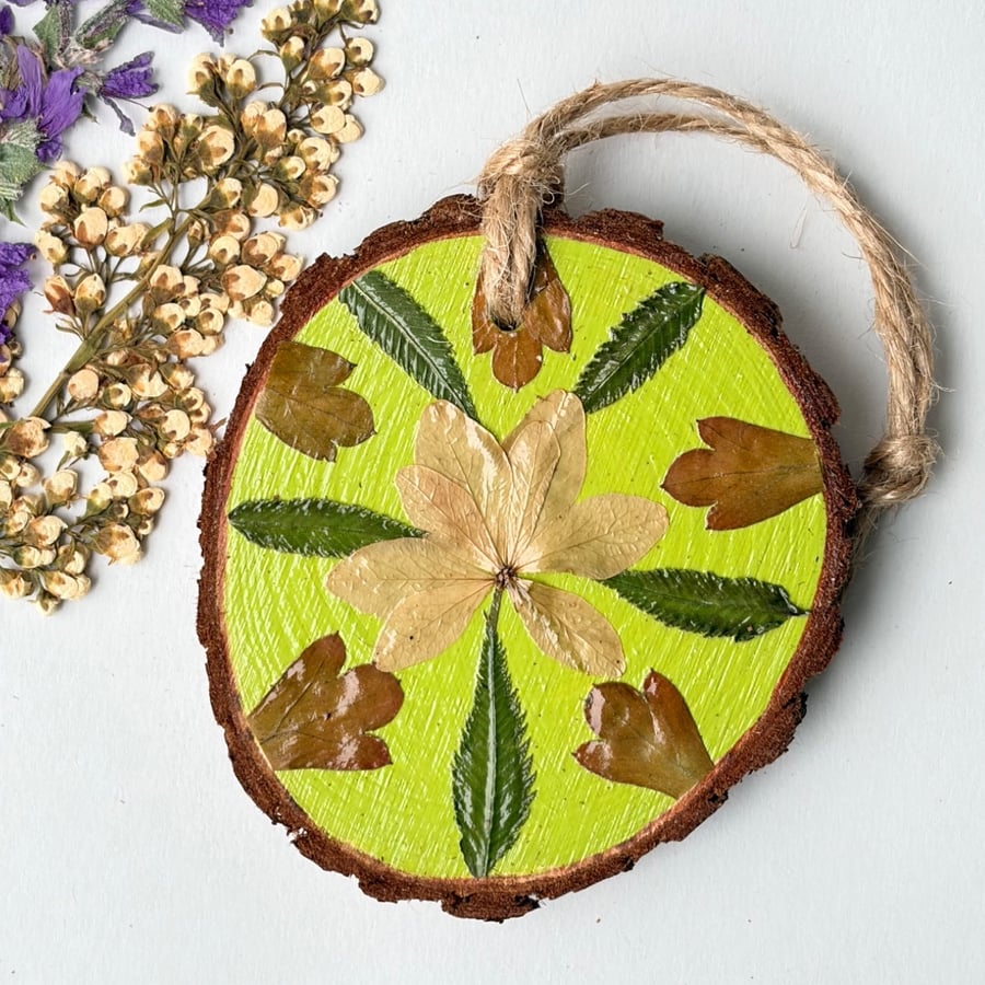 Real Pressed Foliage Autumnal Wood Slice Hanging Hand Painted Rustic Décor