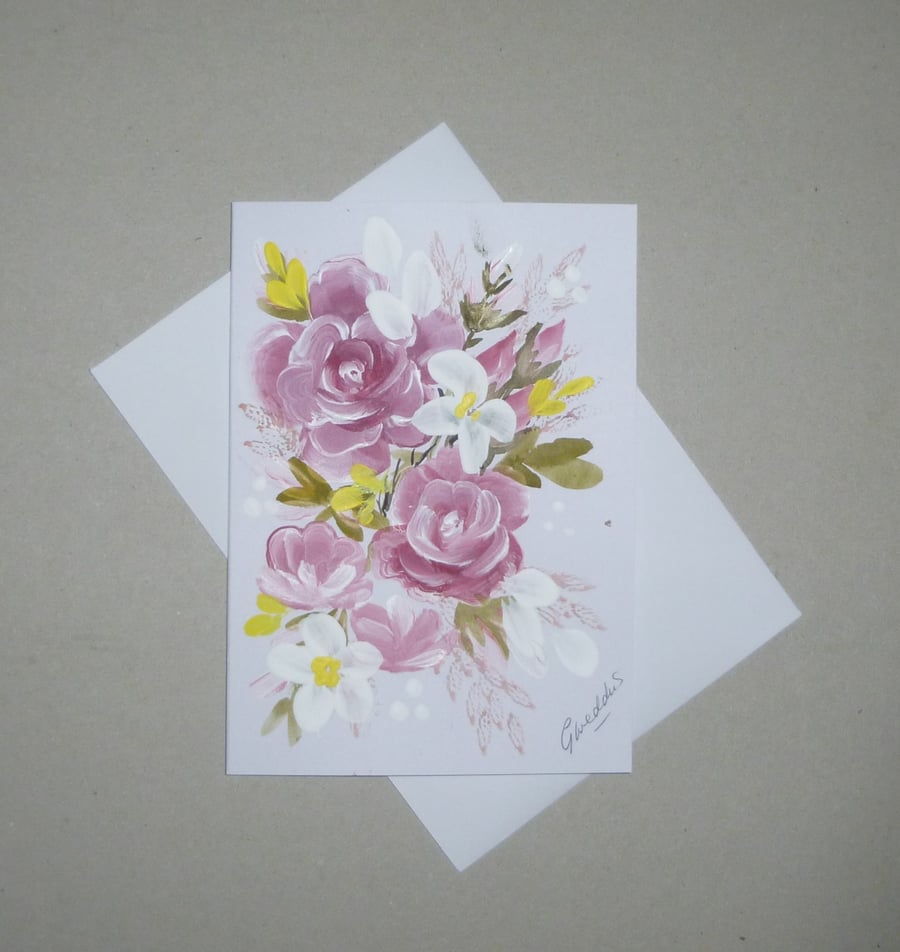 original hand painted floral greetings card ( ref FA190 E1 )