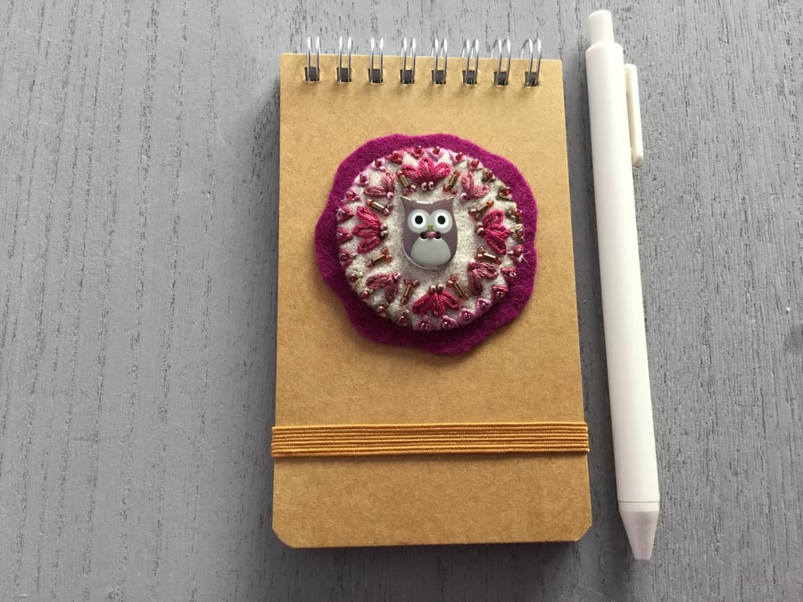 Hand Embroidered Owl Notebook and Pen Set