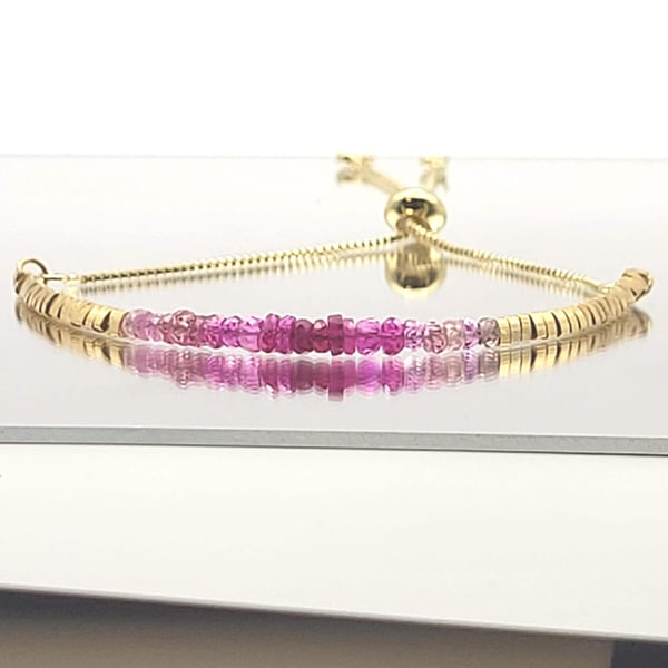 Pink Sapphire Bracelet-Stunning triangular feature beads- Adjustable for any wri