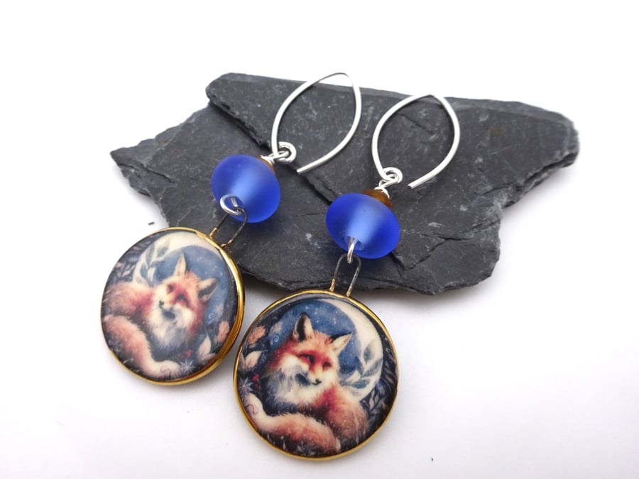 blue lampwork glass earrings, ceramic fox jewellery