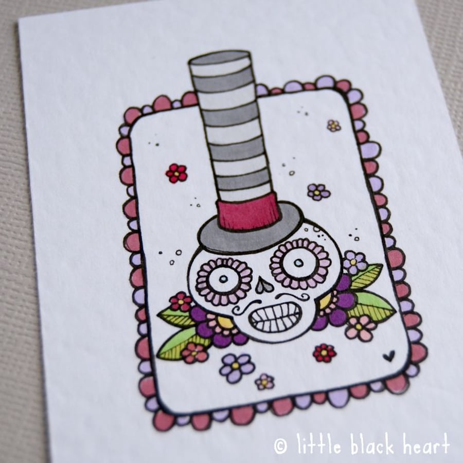 skull chap in a stripey hat - original aceo