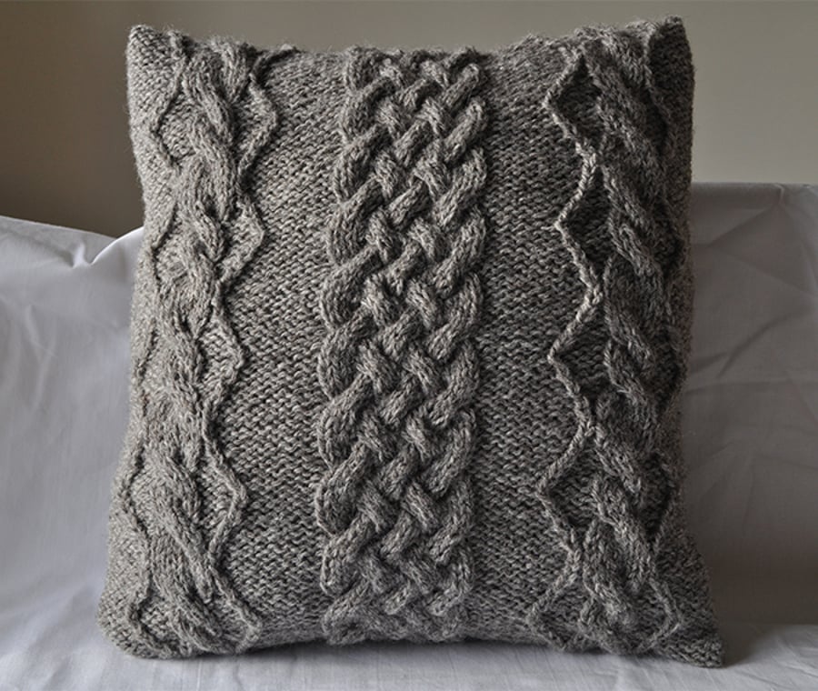Grey aran hand knitted cable and diamond cushion cover