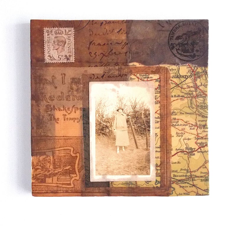 Analogue Ephemera Collage on Wood Panel, 12x12cms, Free UK Postage (201)