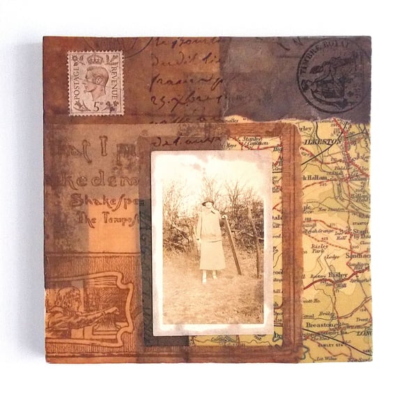 Analogue Ephemera Collage on Wood Panel, 12x12cms, Free UK Postage (201)
