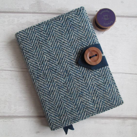 A6 'Harris Tweed®' Notebook Cover - Blue Grey Herringbone with Walnut Button
