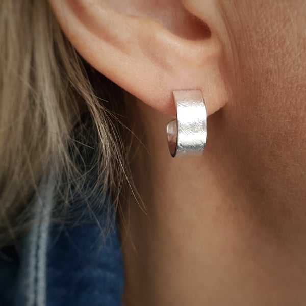 Wide Hoop Earrings in textured sterling silver