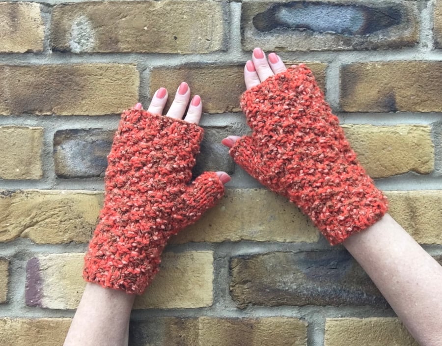 Fingerless gloves - Orange tweed hand warmers - one of a kind mittens