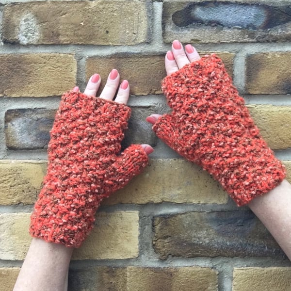 Fingerless gloves - Orange tweed moss stitch cosy hand warmers - one of a kind