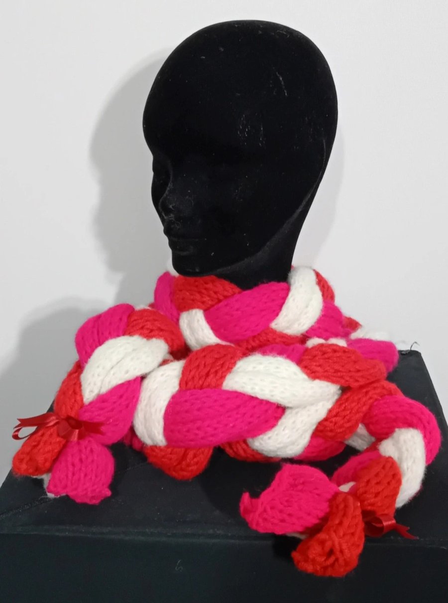 Handknitted Long Plaited Scarf. Three Colourways
