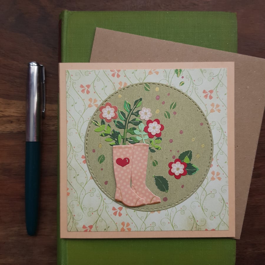 Whimsical Gardening Boots with Flowers, handmade blank card, keepsake