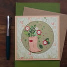 Whimsical Gardening Boots with Flowers, handmade blank card, keepsake