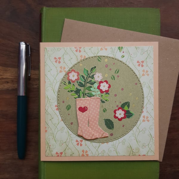 Whimsical Gardening Boots with Flowers, handmade blank card, keepsake