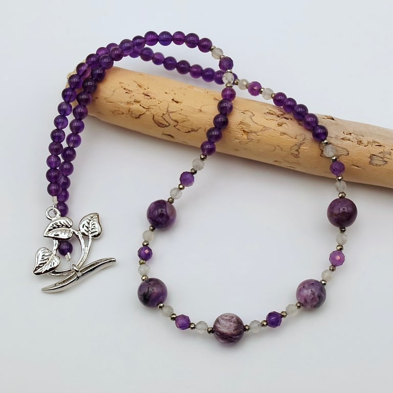 Charoite, Amethyst & Labradorite Necklace, February Birthday, Valentine's Gift