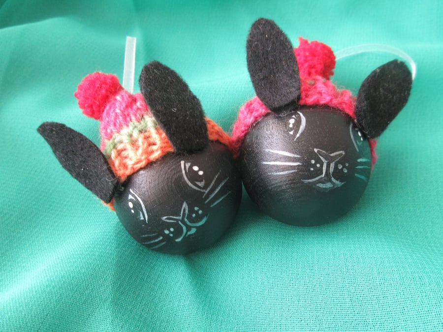 Bunny Rabbit Christmas Tree Baubles Hanging Decoration in Black x 2