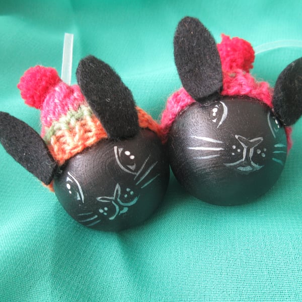 Bunny Rabbit Christmas Tree Baubles Hanging Decoration in Black x 2