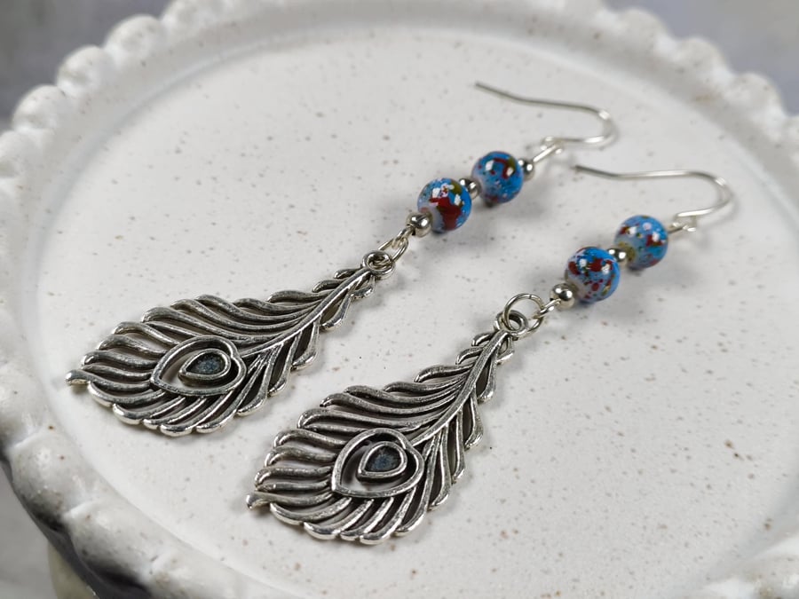 Silver Peacock Feather Earrings