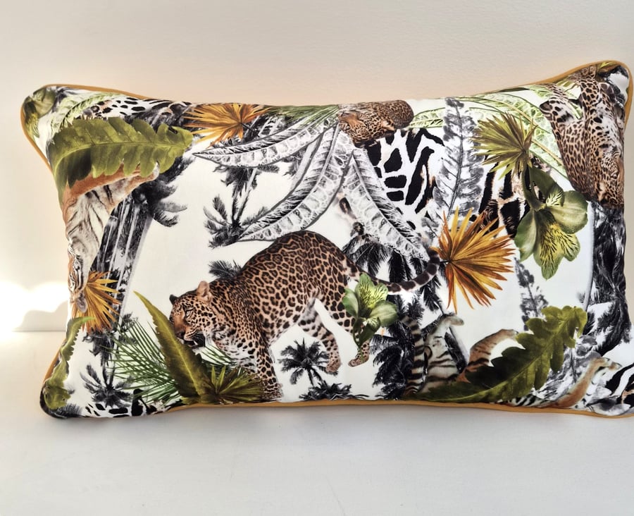 Printed Velvet Jungle Design Cushion Cover 