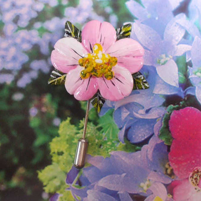 PINK APPLE BLOSSOM FLOWER PIN Wedding Lapel Flower Brooch HANDMADE HAND PAINTED