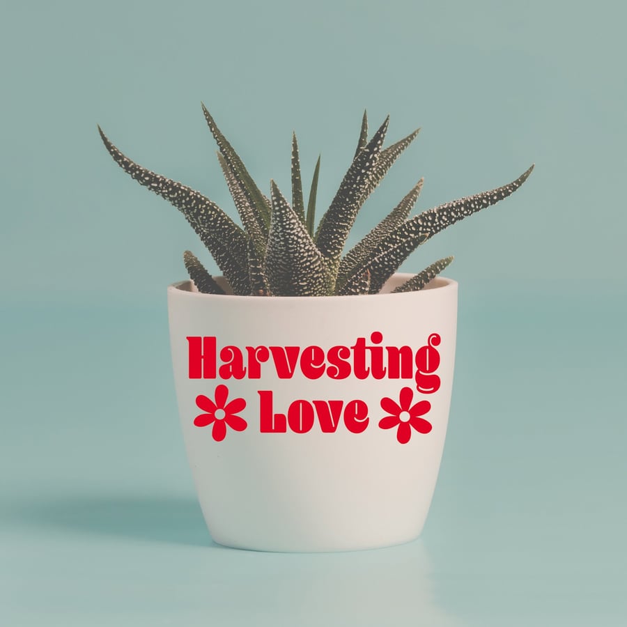 Harvesting Love Plant Pot Vinyl Sticker - Cute Positive Plant Gift, Quote Decor