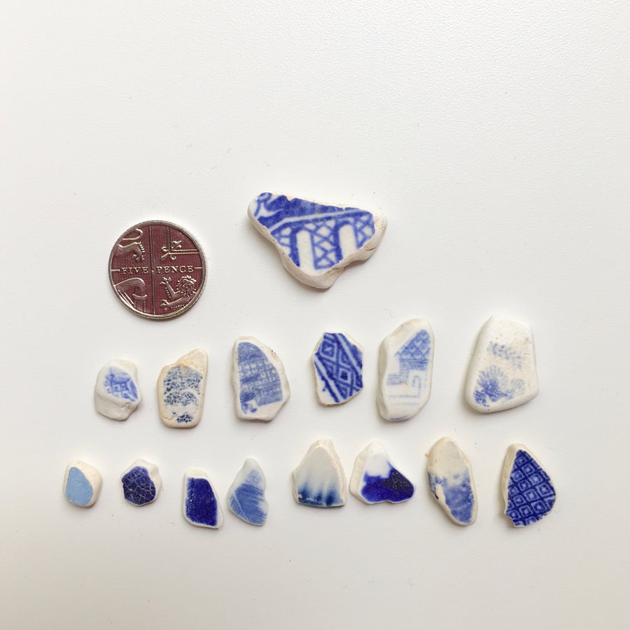 sea pottery, blue and white sea pottery shards