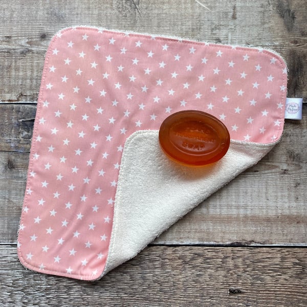 Organic Bamboo Cotton Wash Face Cloth Flannel Pink White Stars